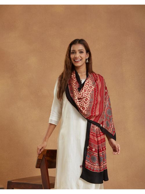 Buy Fabindia Maroon Viscose Blend Ajrakh Printed Stole Online
