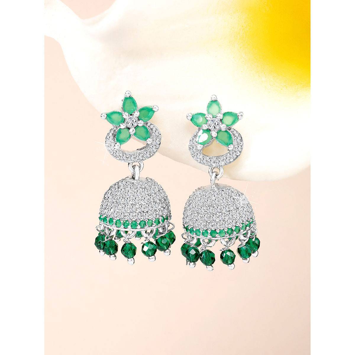 Peora Silver Plated Cubic Zirconia and Green Beads Studded Jhumki Earrings