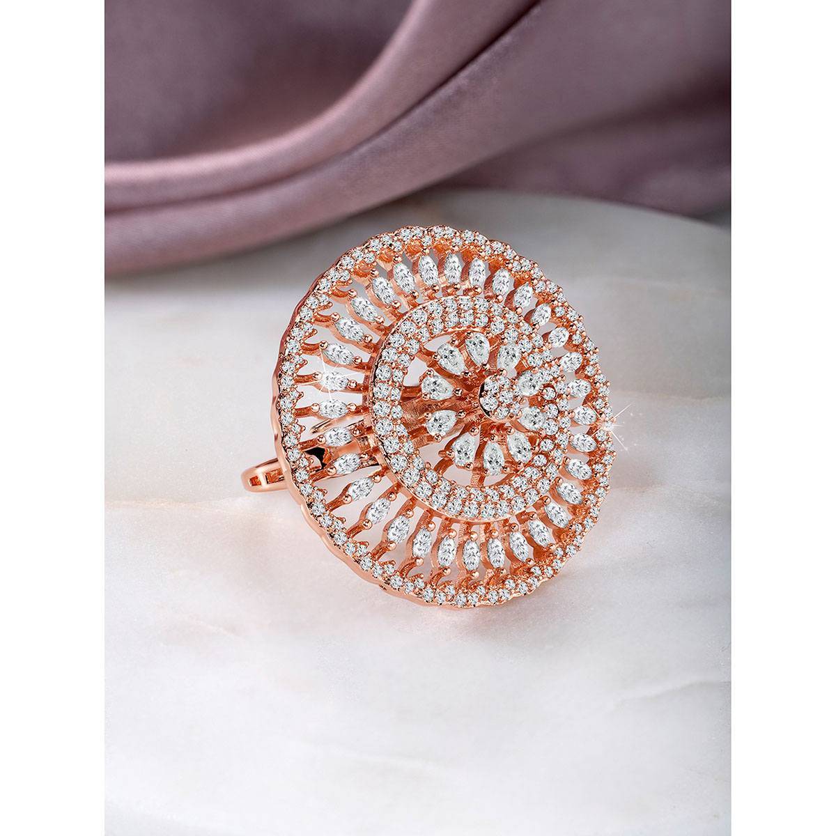 Peora Rose Gold Plated Cz Studded Statement Adjustable Finger Ring