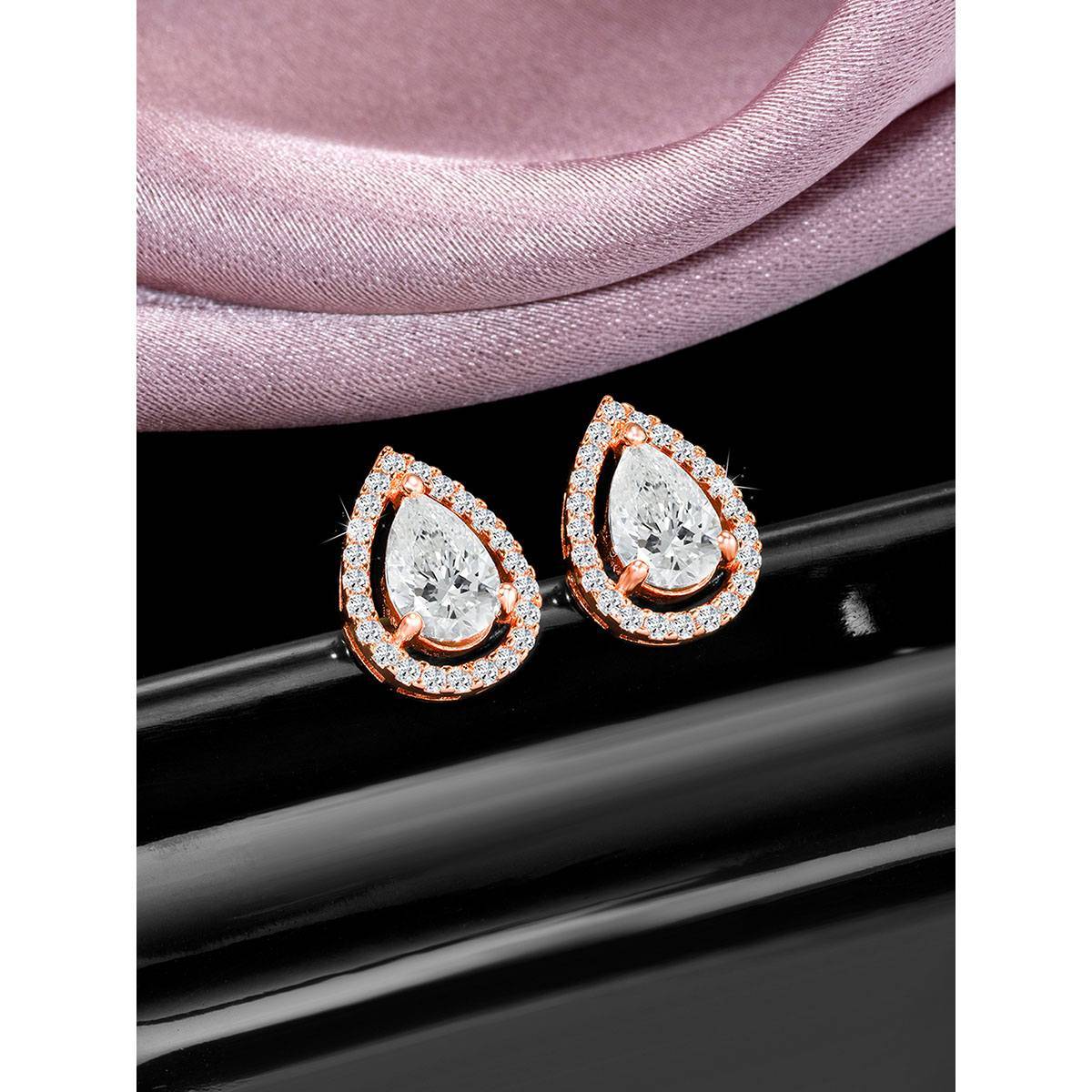 Peora Rose Gold Plated Cz and Crystal Studded Drop Shape Stud Earrings