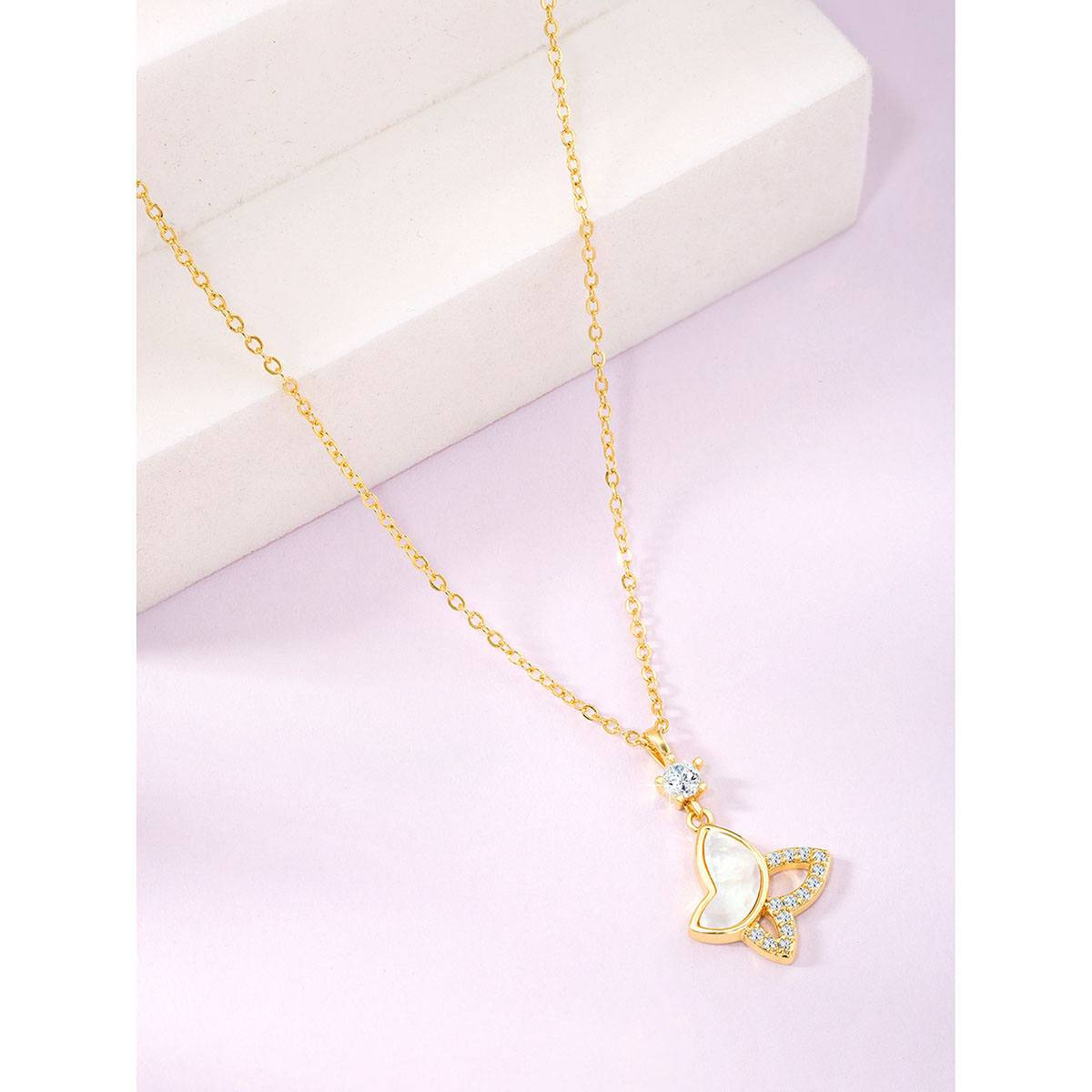 Peora Gold Plated Cubic Zirconia Studded Butterfly Shape Pendant Chain Necklace