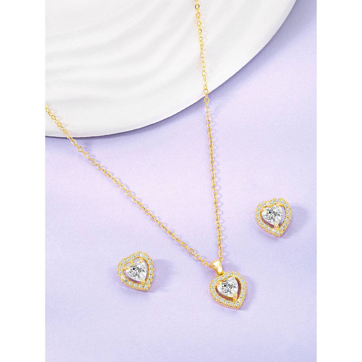 Peora Gold Plated Cz and Crystal Studded Pendant Necklace and Earrings