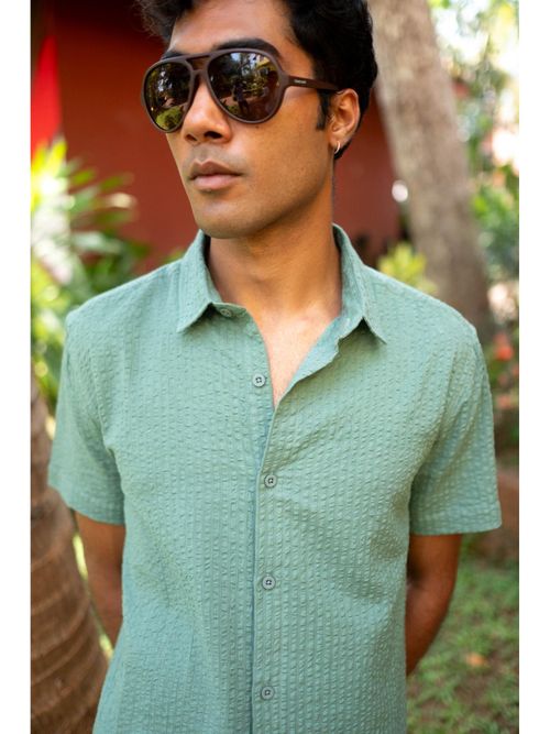 Buy Creatures of Habit Seersucker Shirt Short Sleeve- Sage Green Online