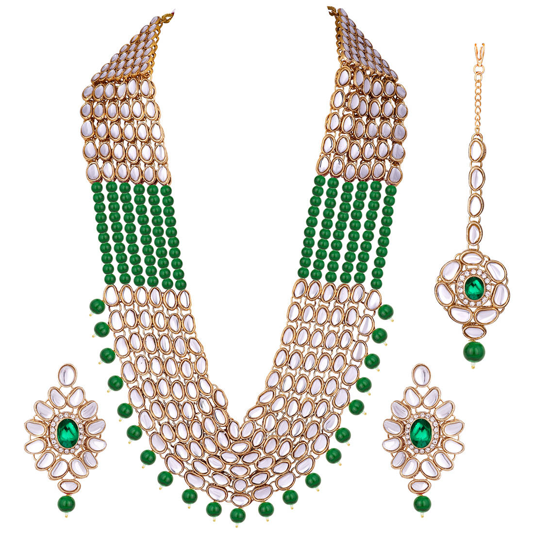 Peora Collection 6 Layer Faux Pearl & Kundan Rani Haar Necklace Earring & Maang Tikka (PF25N1207G)