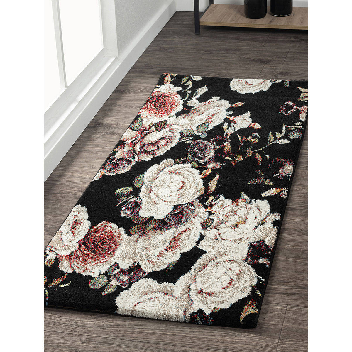 OBSESSIONS Black Floral Bedside Runner (2.5x5 Feet)