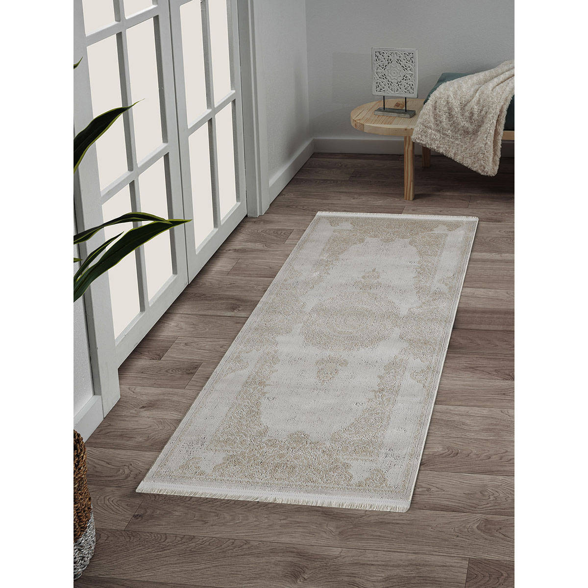 OBSESSIONS Beige Ethnic Bedside Runner (2.5x5 Feet)