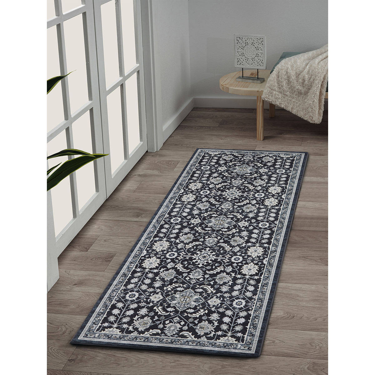 OBSESSIONS Charcoal Ethnic Bedside Runner (2.5x5 Feet)