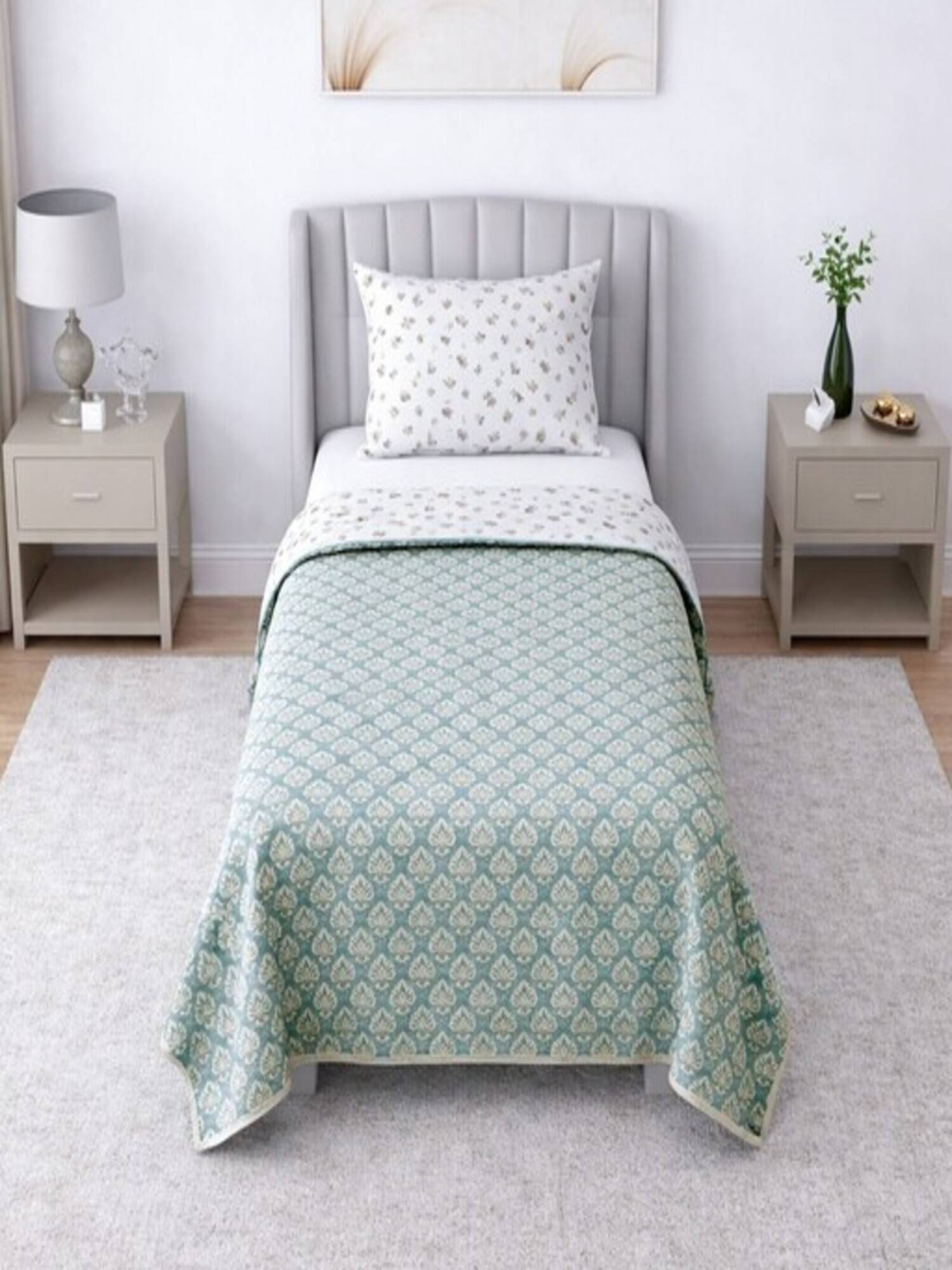 Threadwear White & Green Floral 350 Tc Cotton Reversible Dohars (Pack of 2) (Single)