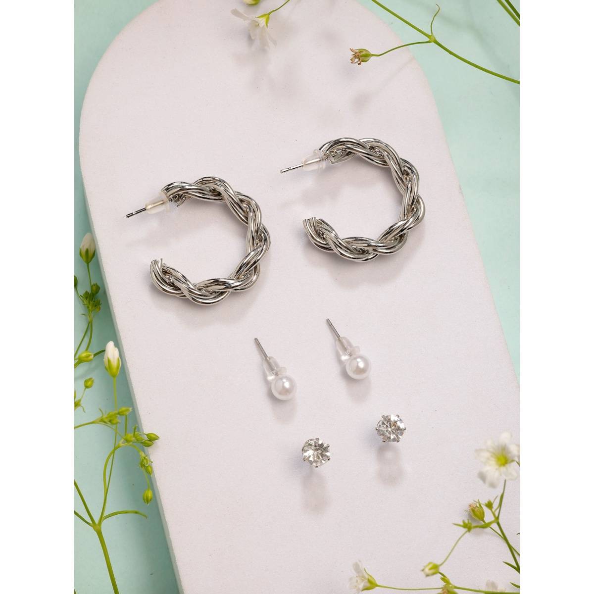 NVR Womens Set of 3 Silver-Plated Artificial Stones Half Hoop Earrings