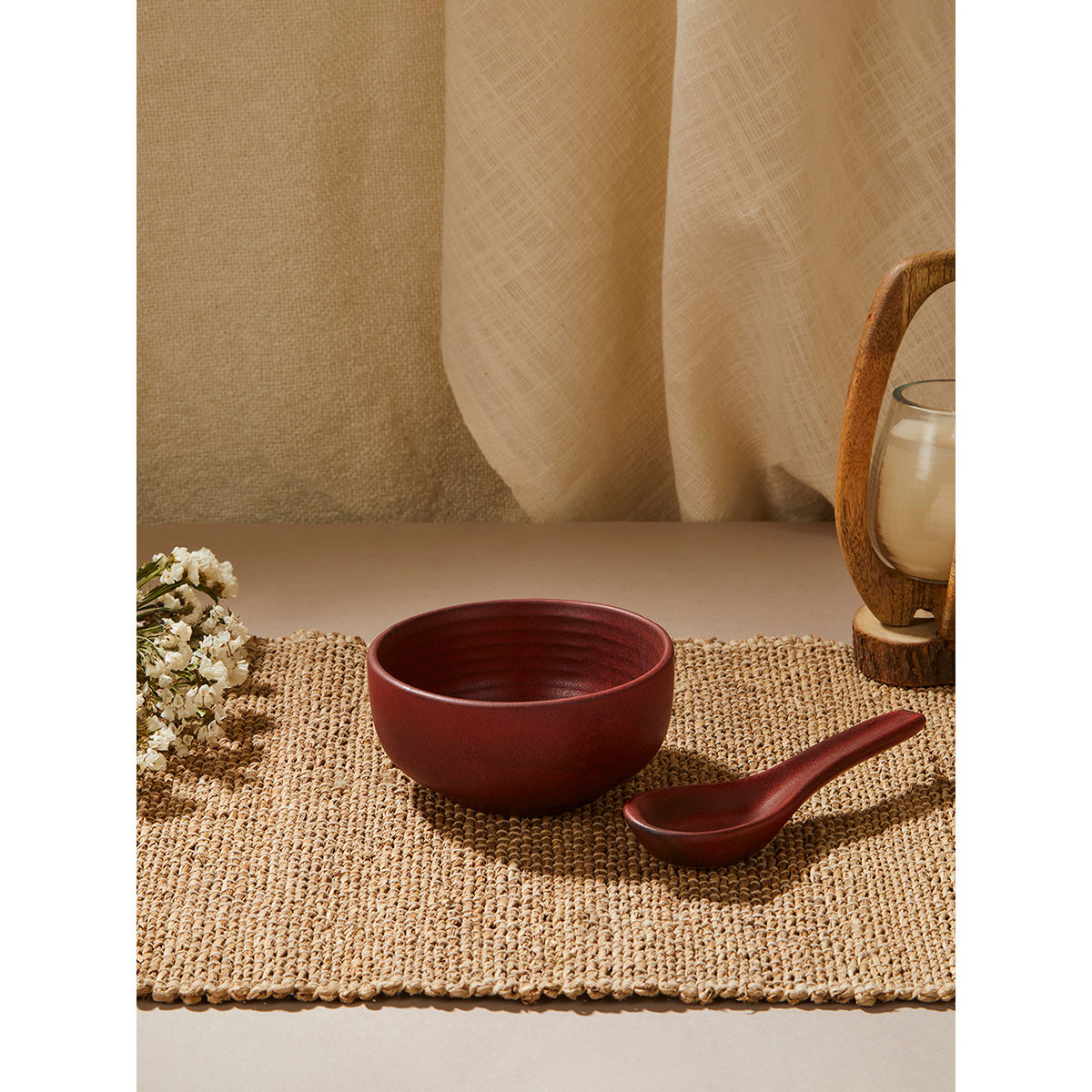 Buy Fabindia Kadir Red Soup Bowl With Spoon (Set of 2) Online