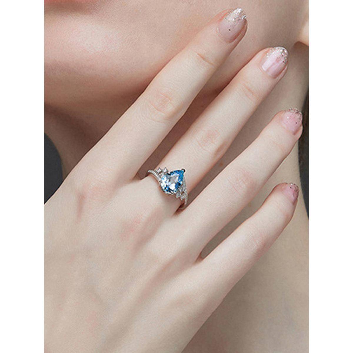 Designs & You Womens Blue Silver Plated Cubic Zirconia Studded Adjustable Ring
