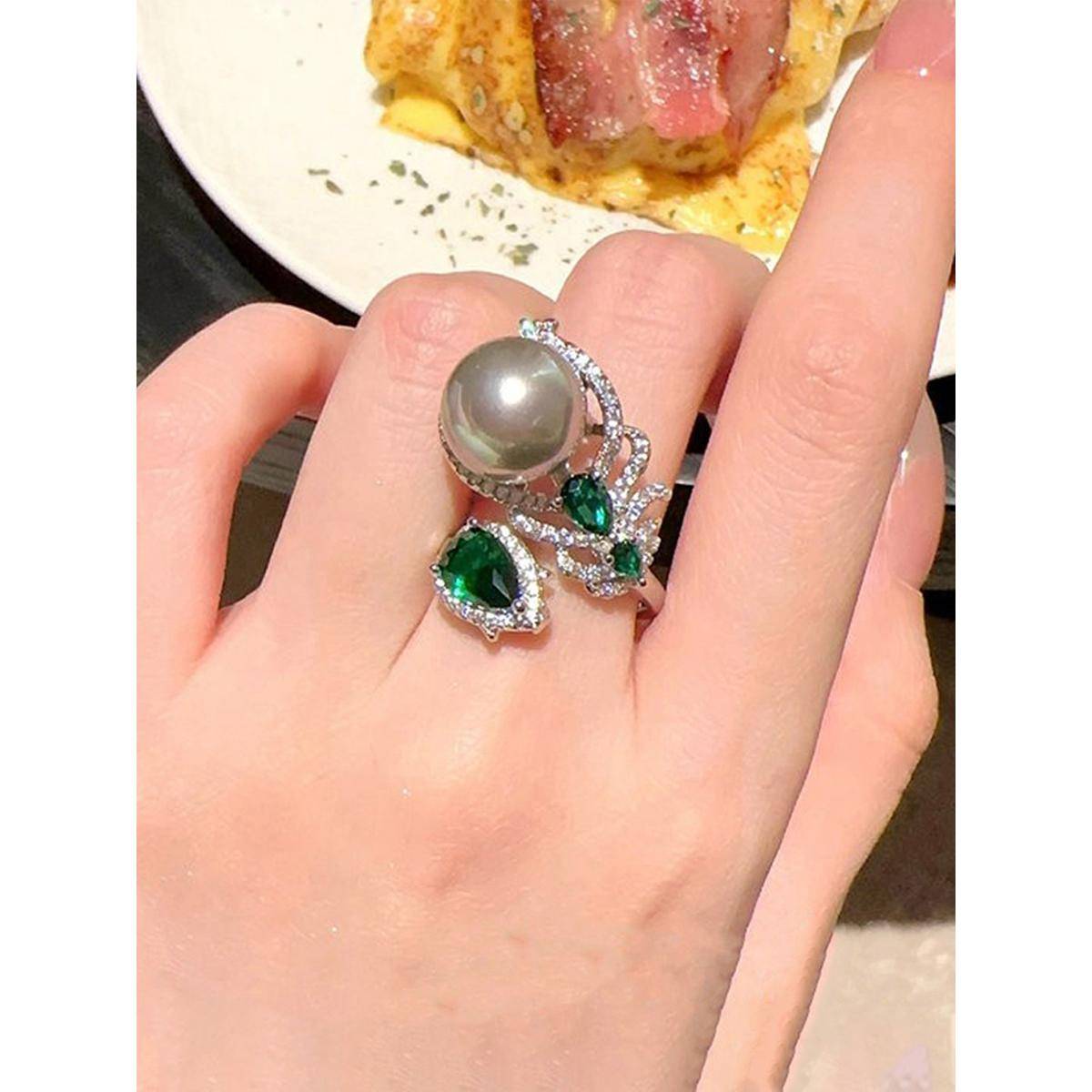 Designs & You Green Sliver Plated Cubic Zirconia Studded Adjustable Ring