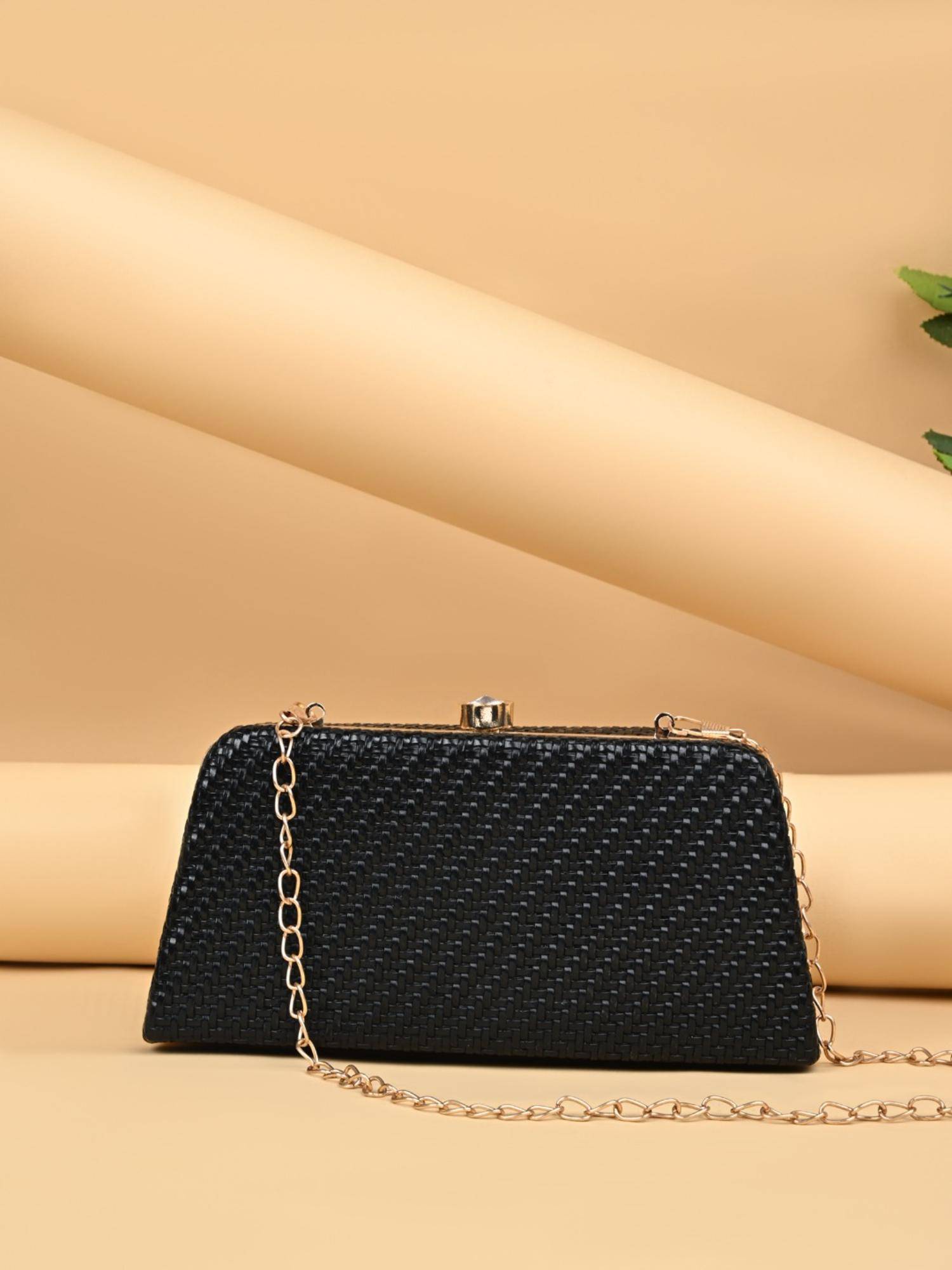 ROCIA By Regal Black Women Woven Metal Frame Clutch With Detachable Strap