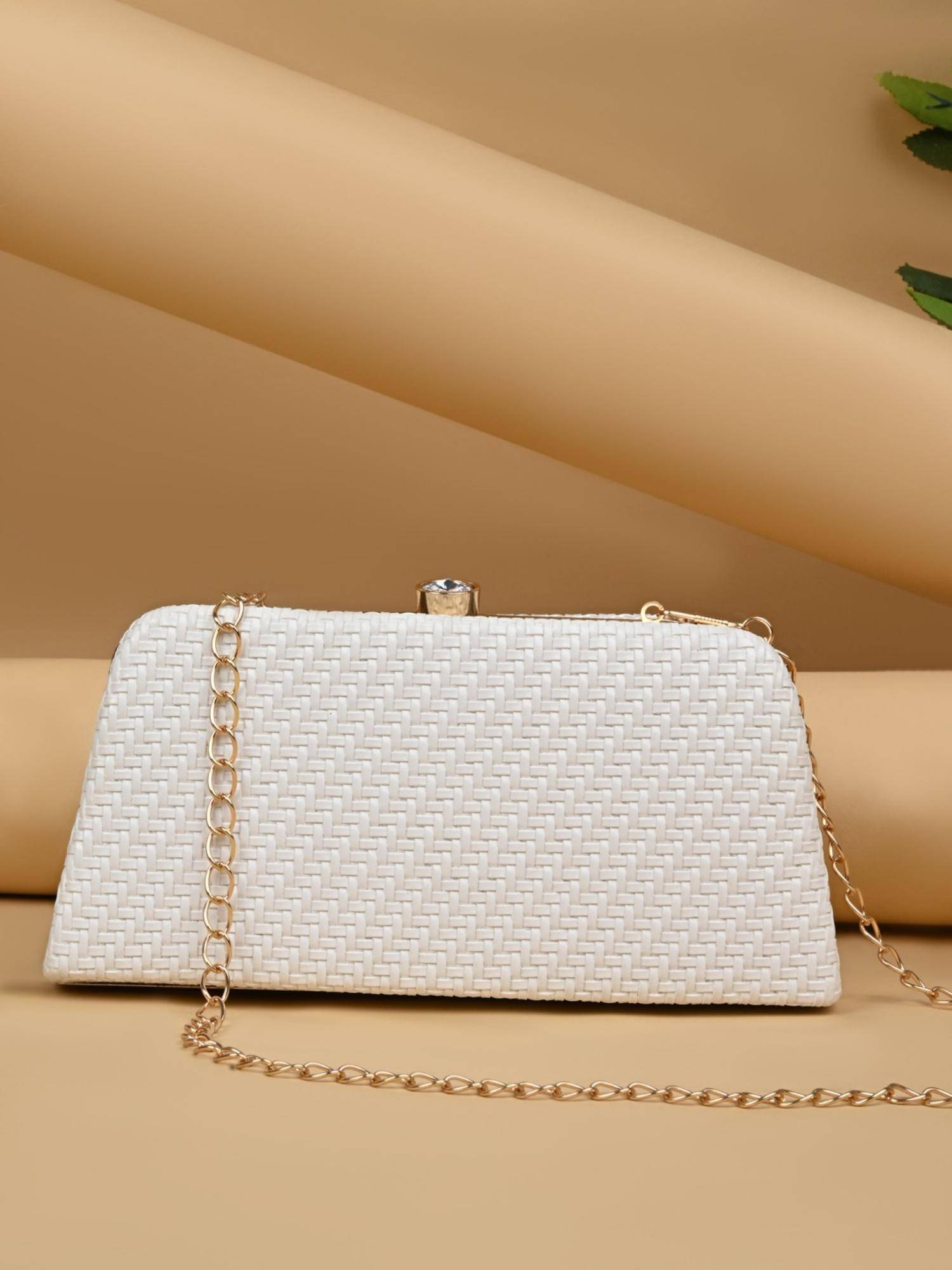 ROCIA By Regal White Women Woven Metal Frame Clutch With Detachable Strap