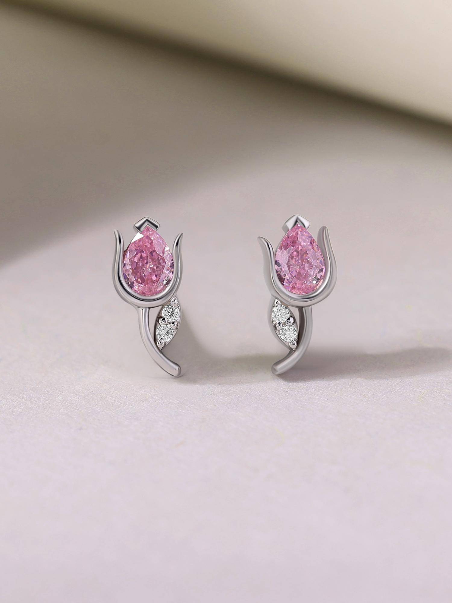 925 Hallmark Rhodium Plated Pear Pink Cz Tulip Flower Stud Earrings for Women & Girls