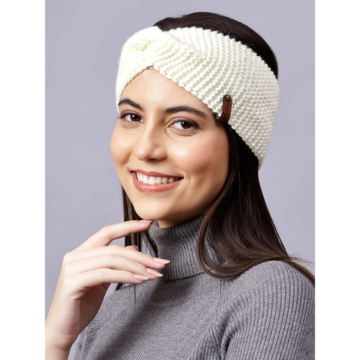 Velvery Hand-Knitted Off White Self Design Acrylic Headband