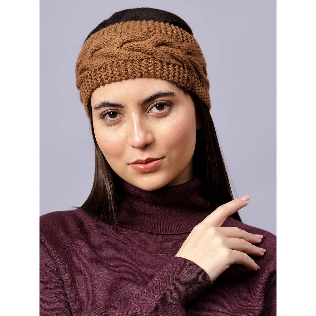 Velvery Hand-Knitted Brown Self Design Acrylic Headband