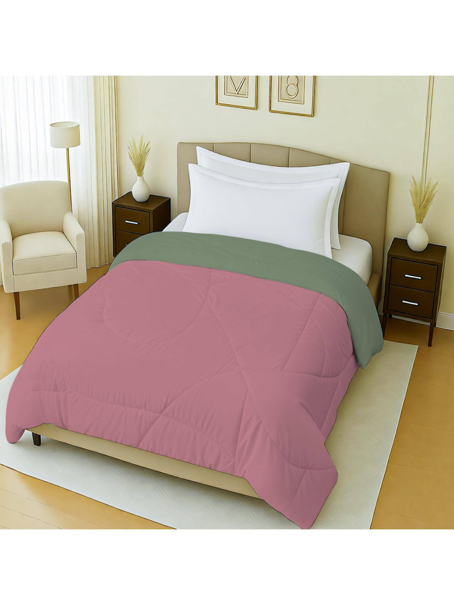 Mayfair Homes London 100% Cotton Plain Green & Pink Reversible Single Bed Ac Comforter 150Gsm