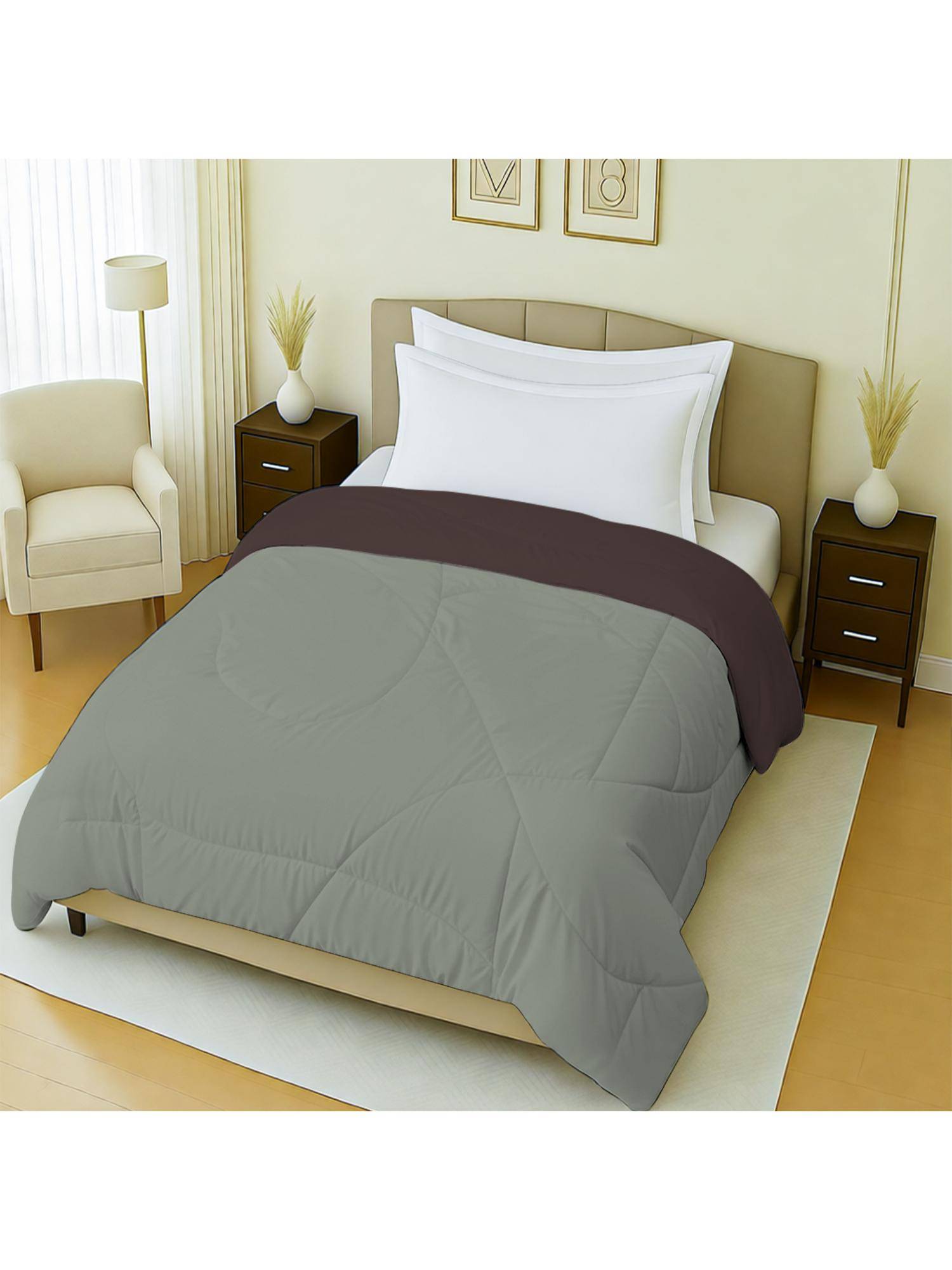 Mayfair Homes London 100% Cotton Plain Brown & Light Grey Reversible Single Bed Ac Comforter 150Gsm