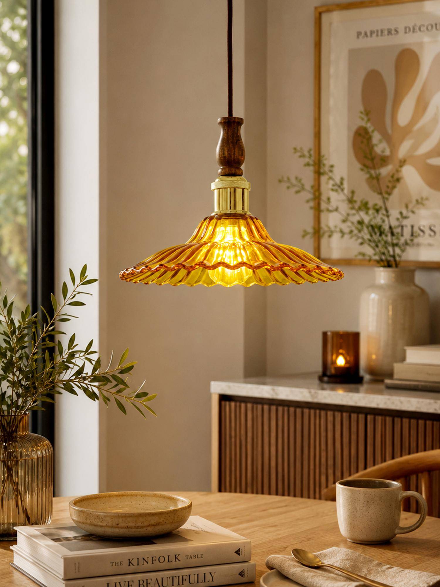 Homesake Petalia Vintage Fluted Glass Pendant Light With Wooden Top, Golden Holder Yellow