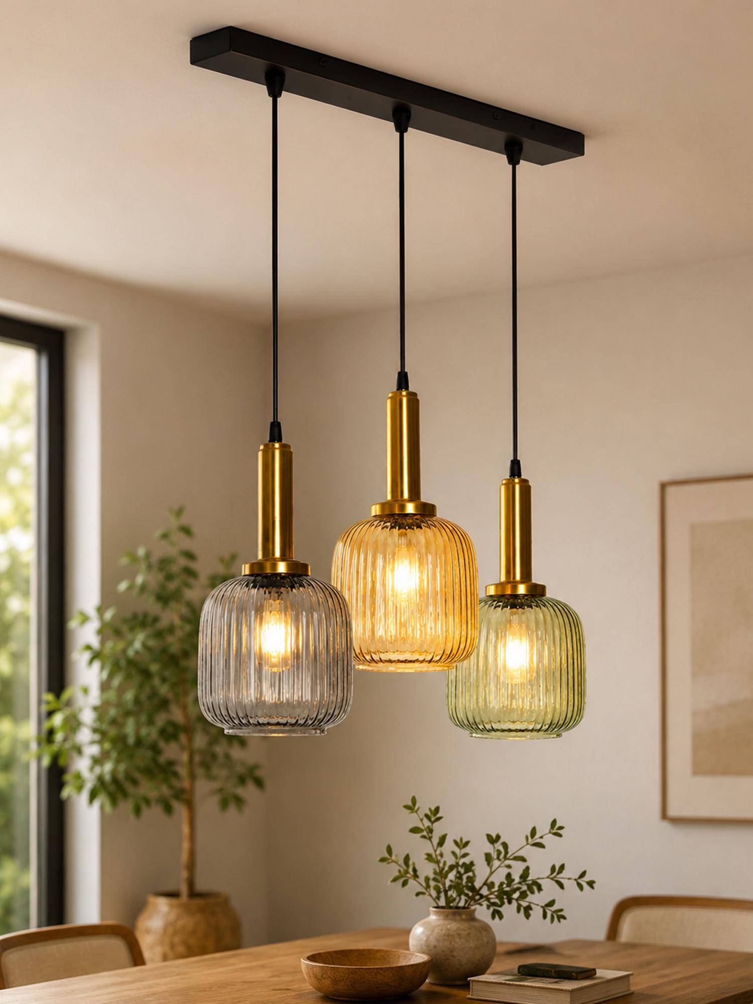 Homesake Ribbed Glass Hanging Pendant Antique Brass Ceiling Lamp, Round Plate Multi-Color