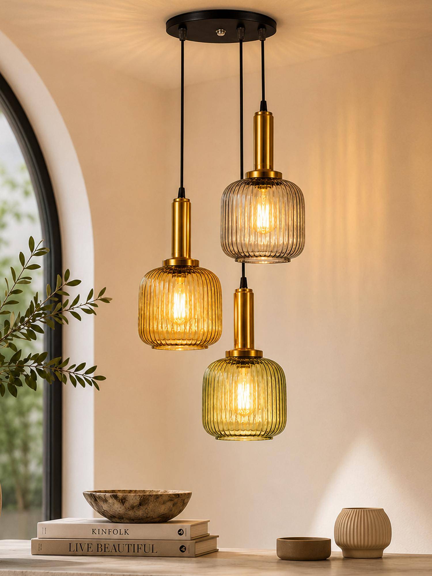 Homesake Ribbed Glass Hanging Pendant Antique Brass Ceiling Lamp, Round Plate Multi-Color