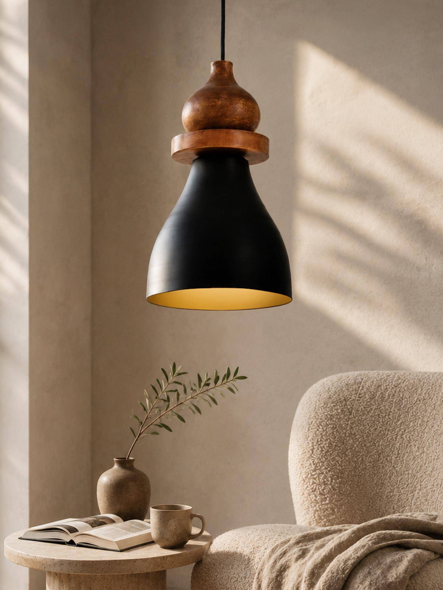 Homesake Modern Black Metal Hanging Ceiling Lamp With Mango Wood