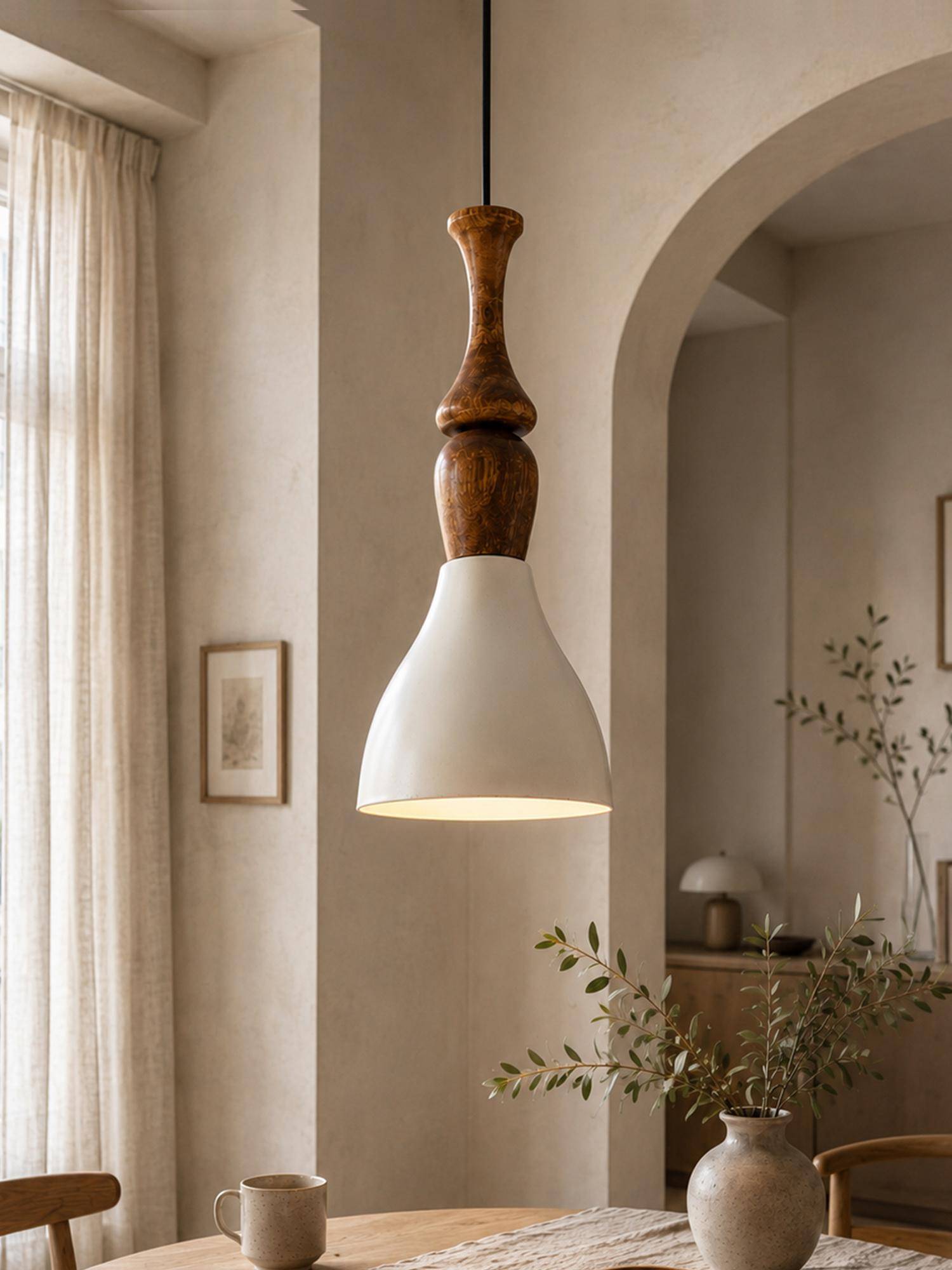 Homesake Modern White Metal Hanging Ceiling Lamp With Mango Wood