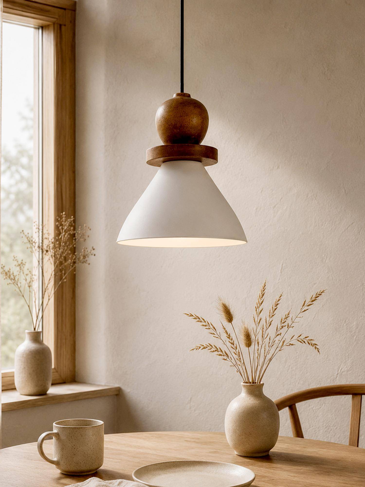 Homesake Modern White Metal Hanging Ceiling Lamp With Mango Wood