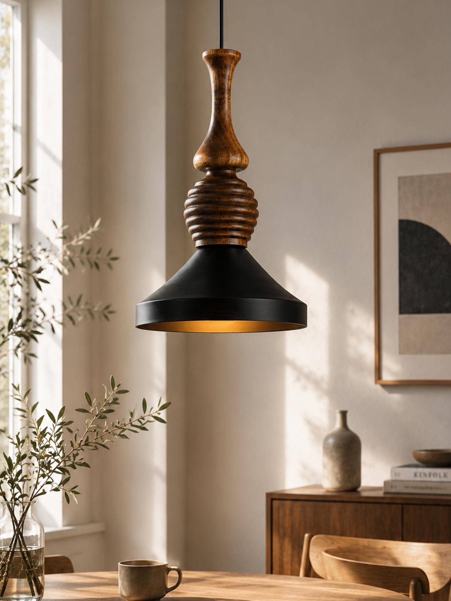 Homesake Modern Black Metal Hanging Ceiling Lamp With Mango Wood