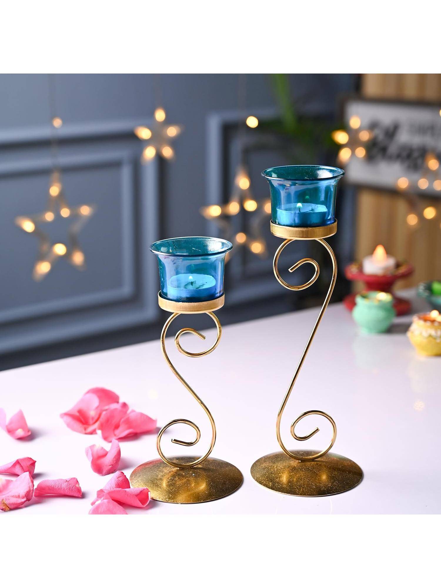 Voncasa White & Golden Ribbed Design Ceramic Light Holder (Pack of 2)