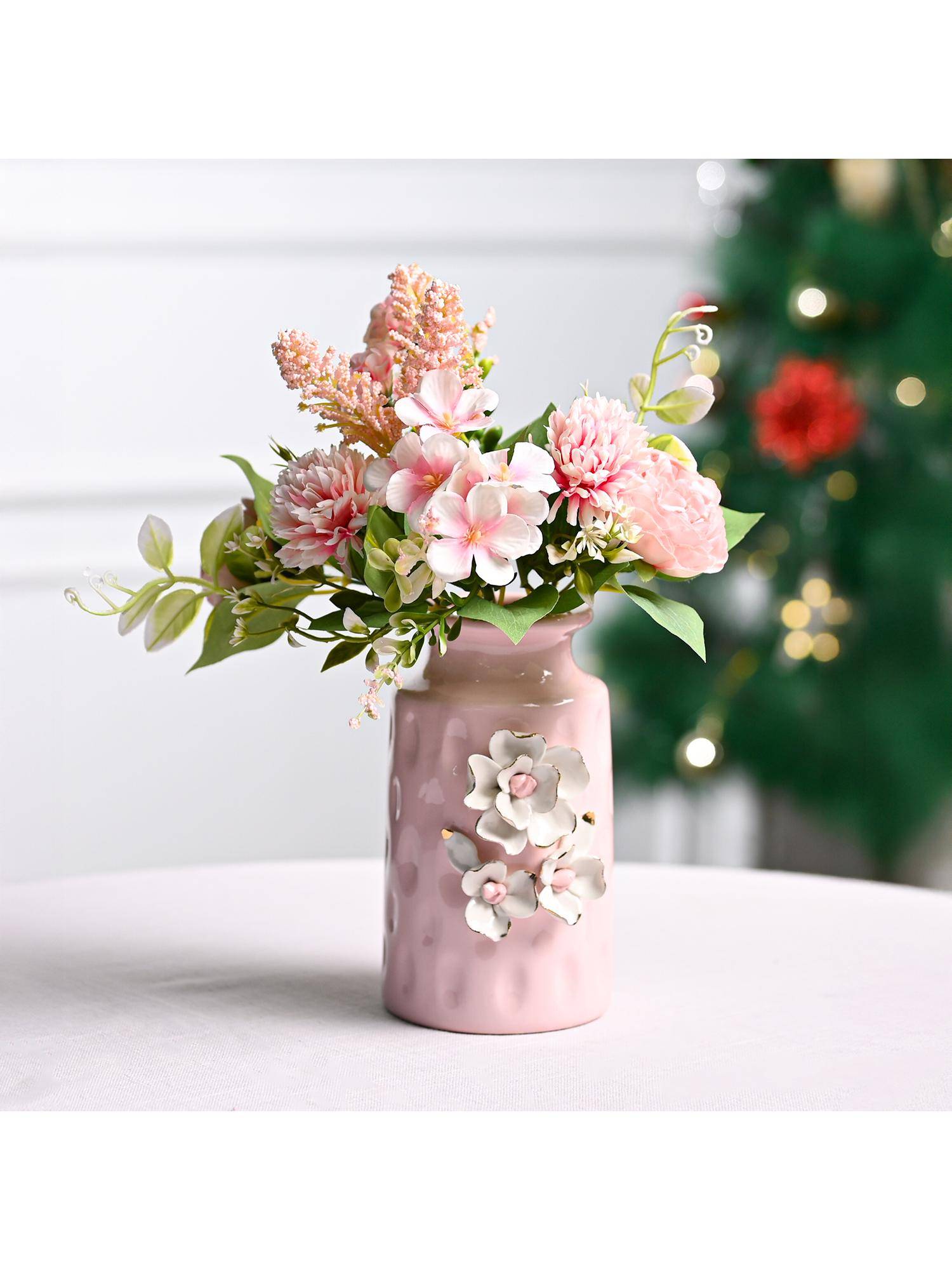 Voncasa Pink Ceramic Floral Appliques Design With Glossy Finish