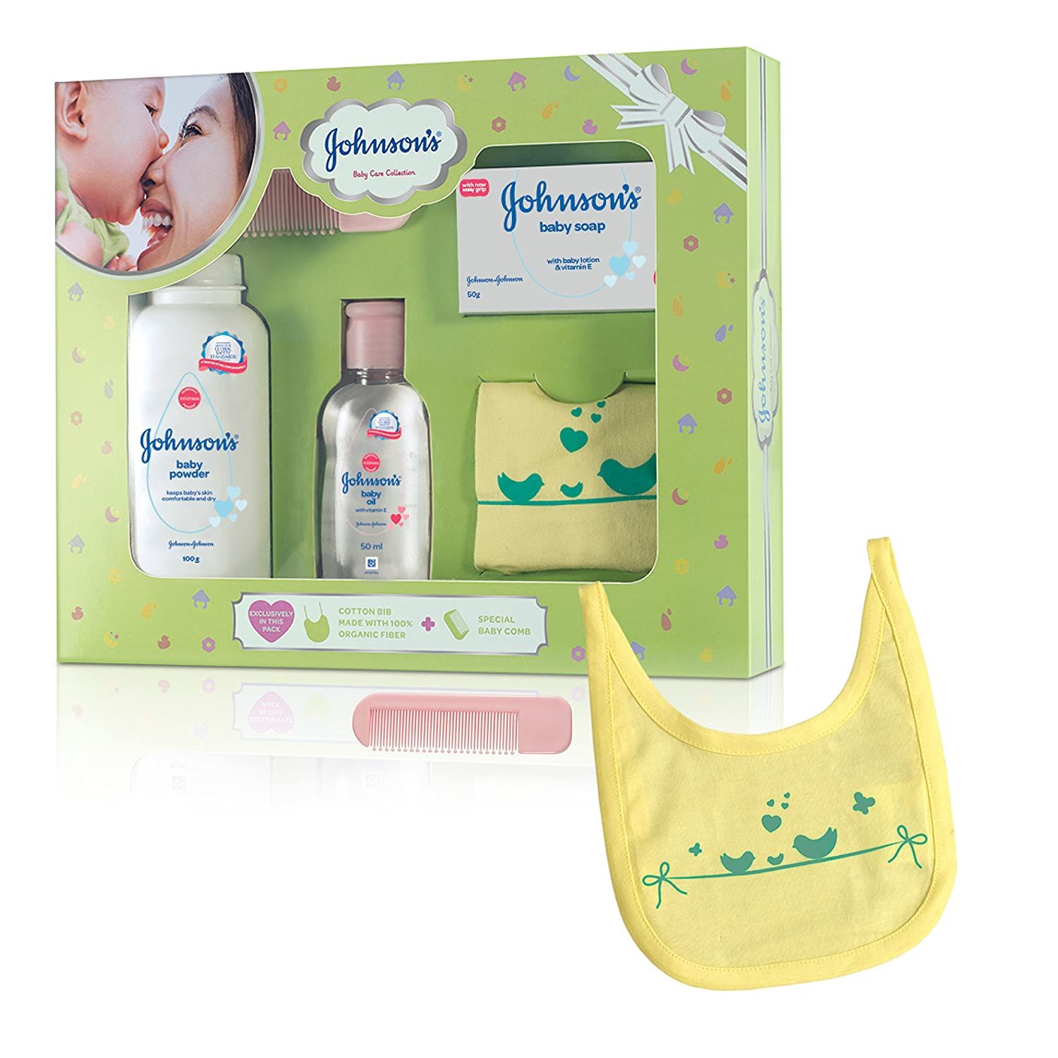 Johnsons Baby Care Collection Baby Gift Set with Organic Cotton Bib  Baby  Comb 5 piecesMulticolor  Amazonin Baby Products