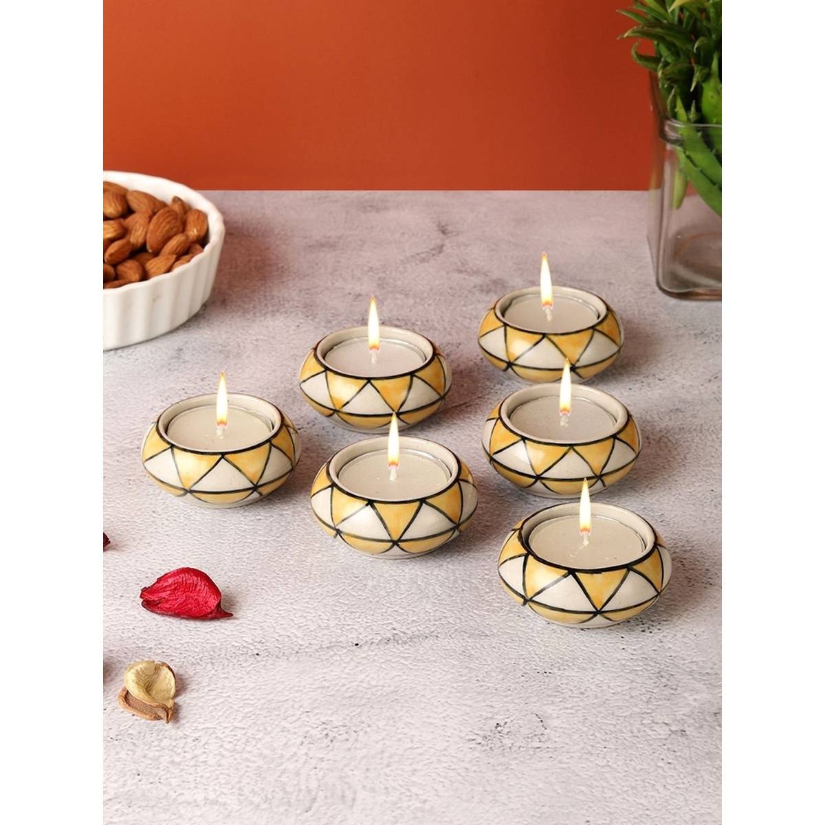 VarEesha Yellow Triangles Ceramic Diyas/ Tea Light Holders Set Of Six