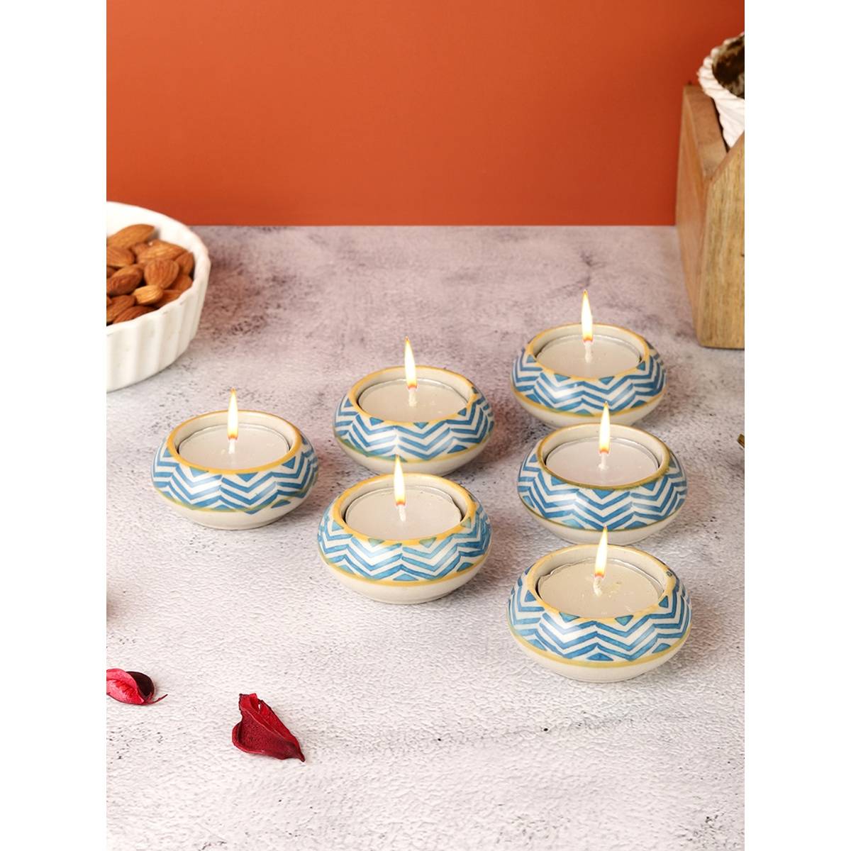 VarEesha Blue Chevron Ceramic Diyas/ Tea Light Holders Set Of Six