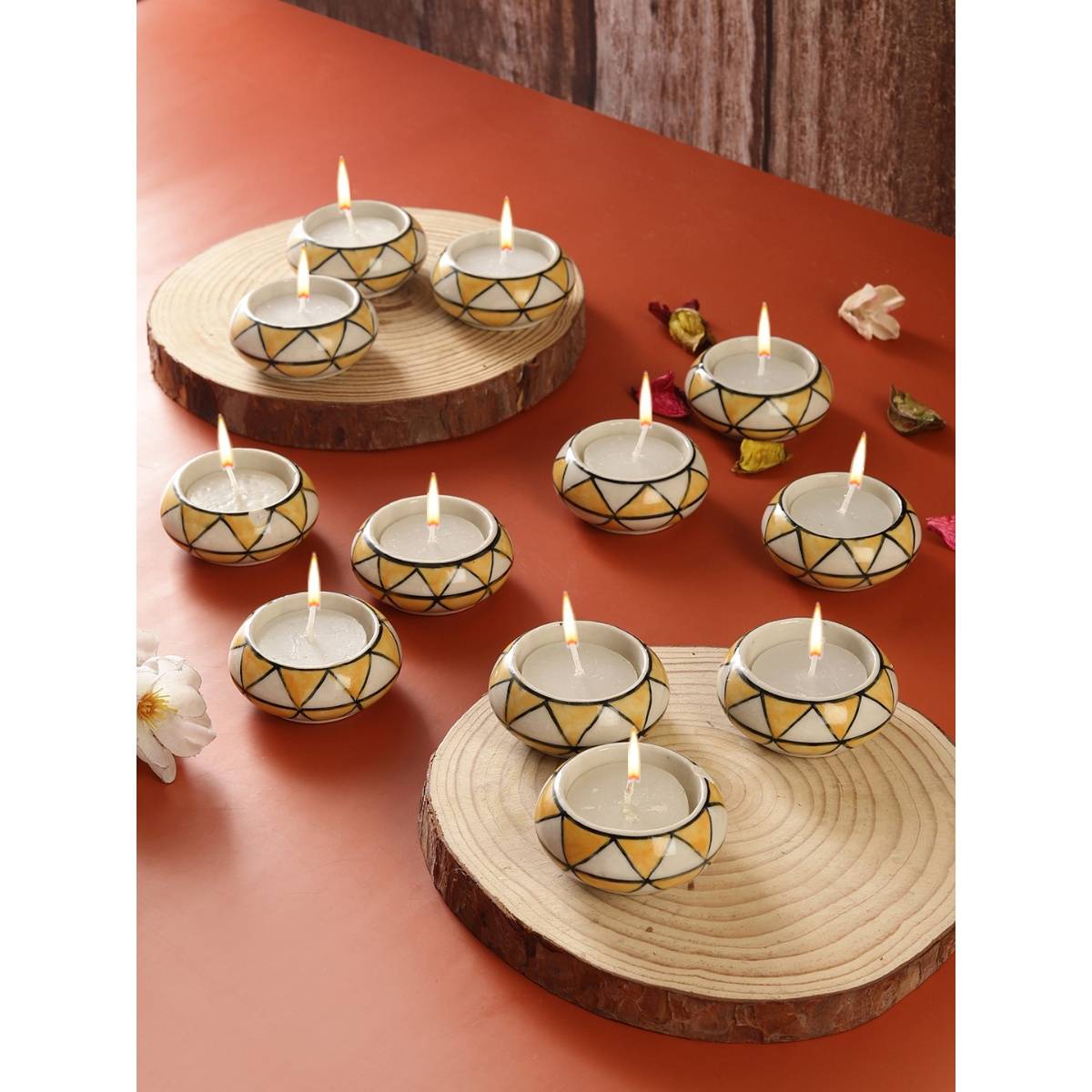 VarEesha Yellow Triangles Ceramic Diyas/ Tea Light Holders 12 Pc Set