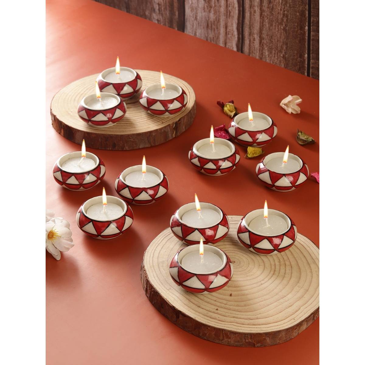 VarEesha Red Triangles Ceramic Diyas/ Tea Light Holders 12 Pc Set