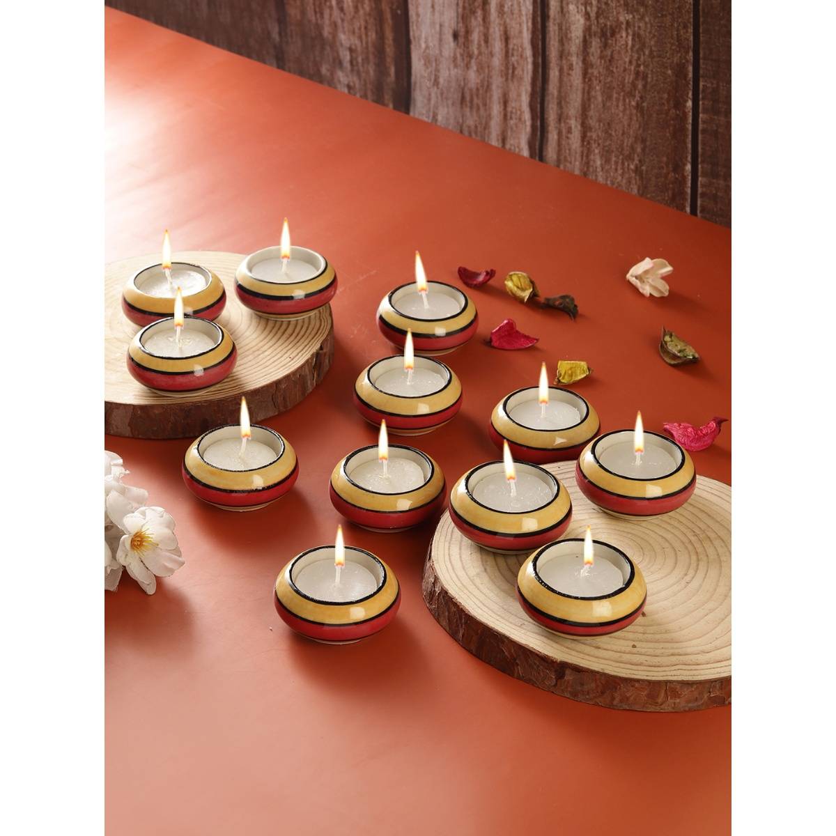 VarEesha Red Yellow Stripes Ceramic Diyas/ Tea Light Holders 12 Pc Set