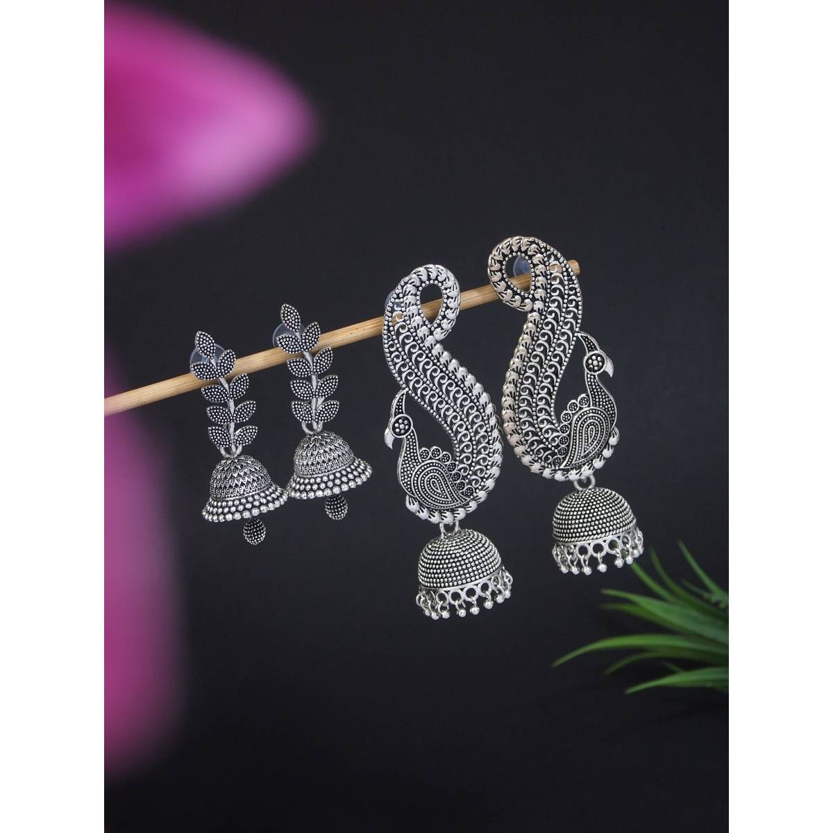 I Jewels Traditional Stylish Fancy Oxidised Afghani Jhumka Earrings (Pack of 2)(E3288OX-E3283OX)