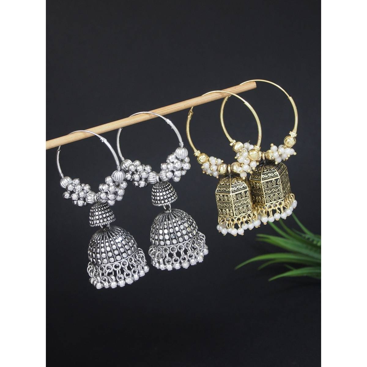 I Jewels Traditional Afghani Stylish Fancy Design Jhumka Earrings (Pack of 2) (E3297OX-E3292FL)