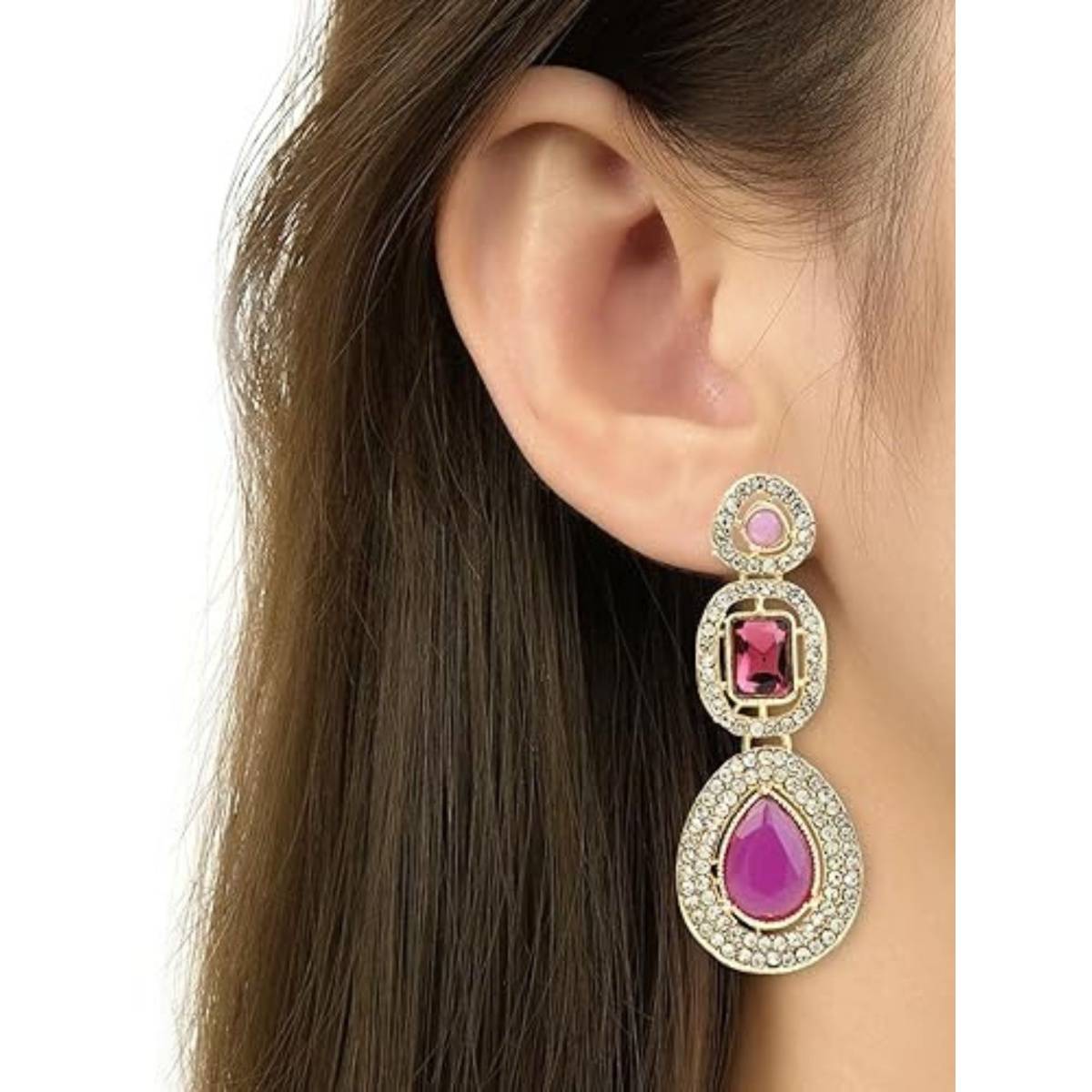 I Jewels Purple Gold Plated Traditional Stone & Beads Tear Drop Earrings (E379Pu)