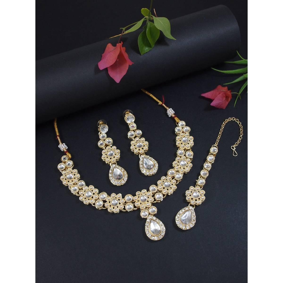 I Jewels Gold Plated Traditional Kundan Stone Choker with Earrings & Maangtikka (IJ375W)