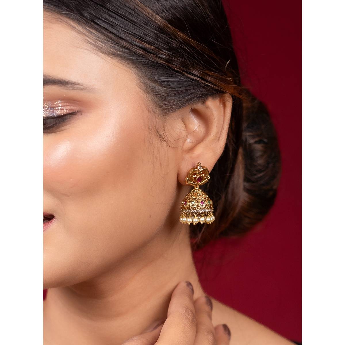 Niscka Ethnic 24K Gold Plated Pink Stone and Pearl Jhumki Earrings