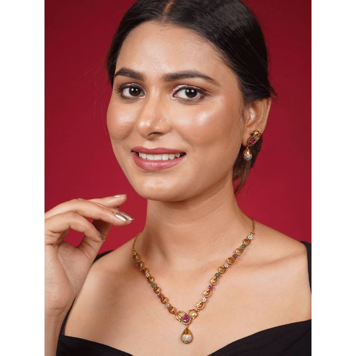 Niscka Ethnic 24K Gold Plated Multi-Color CZ Necklace with Earrings