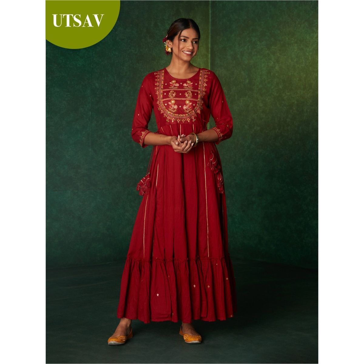 Likha by Nykaa Fashion Bidri Red Floral Mirror Embroidered Tiered Dress:  Buy Likha by Nykaa Fashion Bidri Red Floral Mirror Embroidered Tiered Dress  Online at Best Price in India | Nykaa