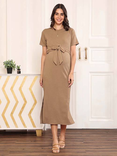 maternity bodycon dress india Buy MomToBe Women Beige Online Golden Brown The Label Spring 2026 Girls Dresses Colours:Purple The Seamless Maternity Midi