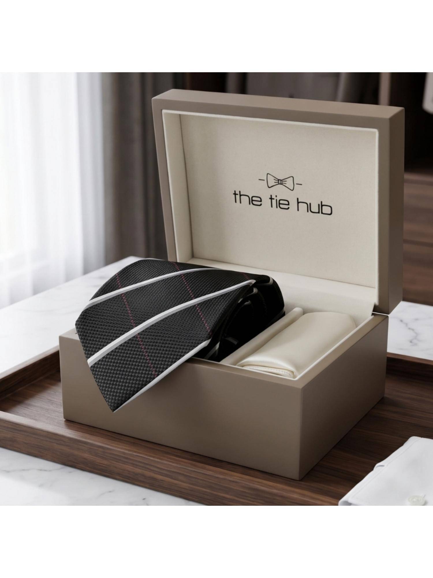 The Tie Hub Black Silk Stripes Formal Wear Gift Set For Men