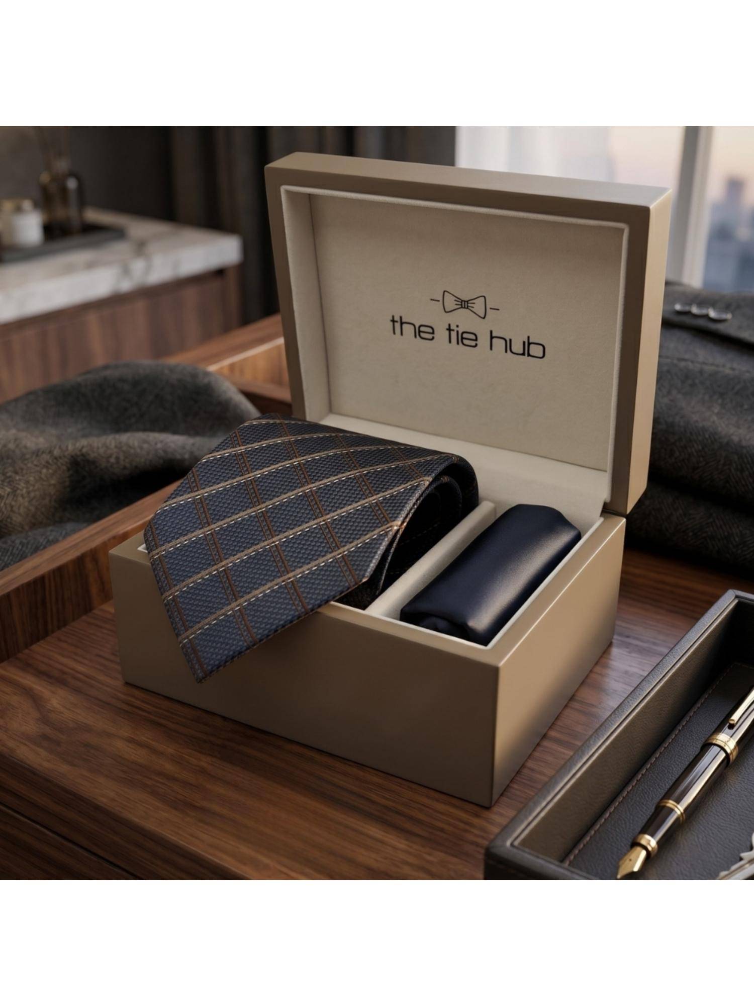 The Tie Hub Navy Blue Silk Checks Formal Wear Gift Set For Men
