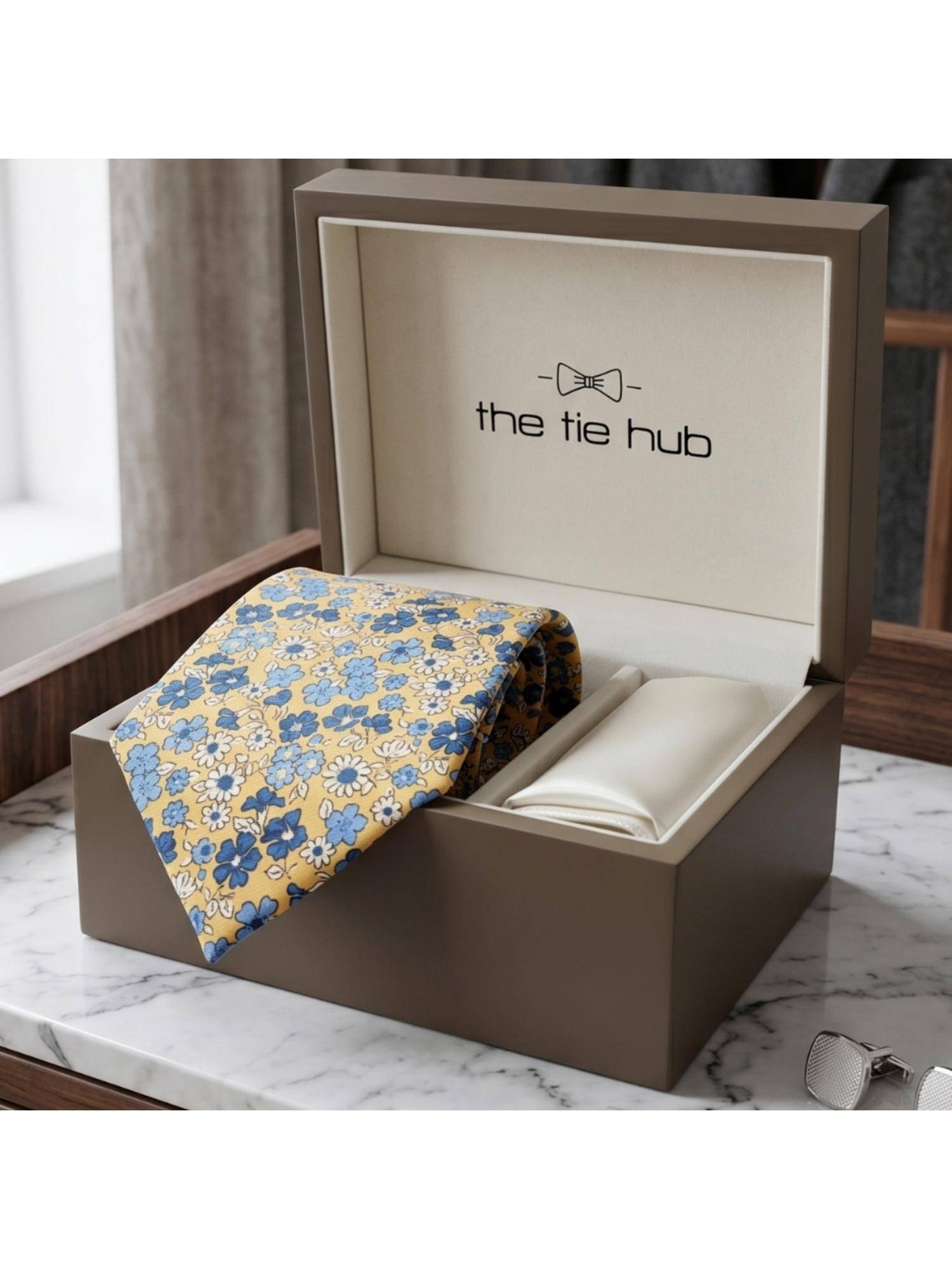 The Tie Hub Yellow Silk Floral Printed Formal Wear Gift Set For Men