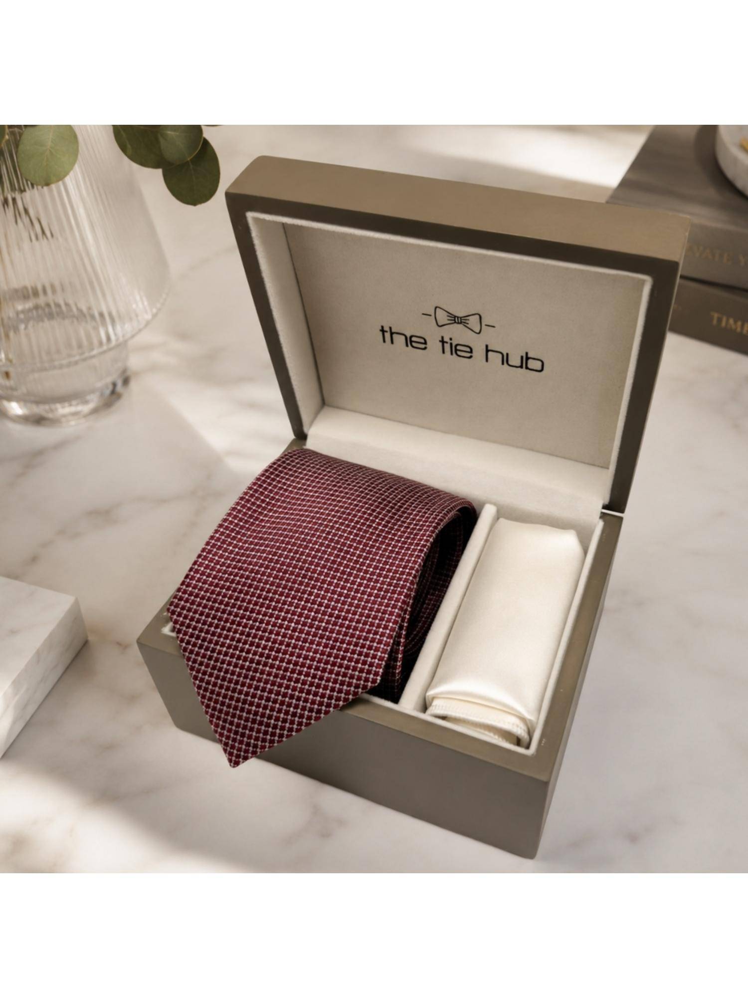 The Tie Hub Red Silk Checks Formal Wear Gift Set For Men